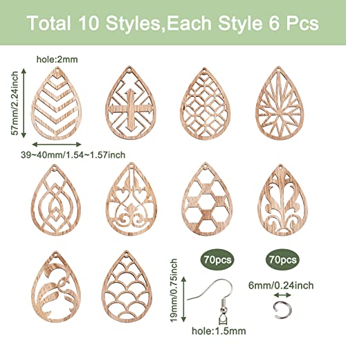 Craftdady 30 Pairs Unfinished Wood Earring Making Kit Hollow Filigree Blank Teardrop Wooden Cutouts Charms with Earring Hooks Jump Rings for DIY Craftdady