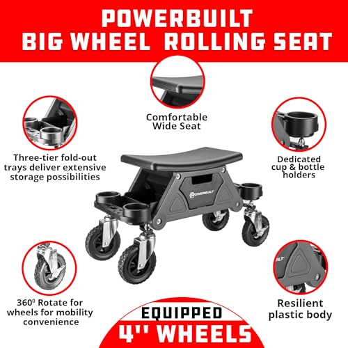 Powerbuilt Big Wheel Rolling Seat, Off-Road Series, Locked in Tool Trays, Heavy-Duty Wheels for Gravel and Rocks - Grey 642965ECE Powerbuilt
