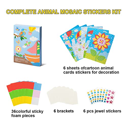LZHZH Mosaic Sticker Art Sticky DIY Handmade Art Kits for Kids - Sunflower, Butterfly, Sailboat, Woodpecker, hot air Balloon, Airplane (6 Pack) LZHZH
