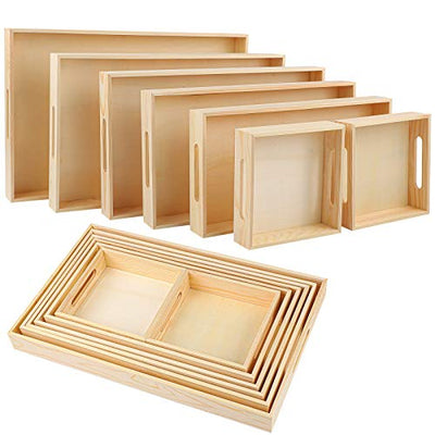 Aodaer 7 Pieces Wooden Nested Serving Trays Rectangular Shape Wood Trays Serving Trays with Handles for Kitchen Party Dinner Snacks