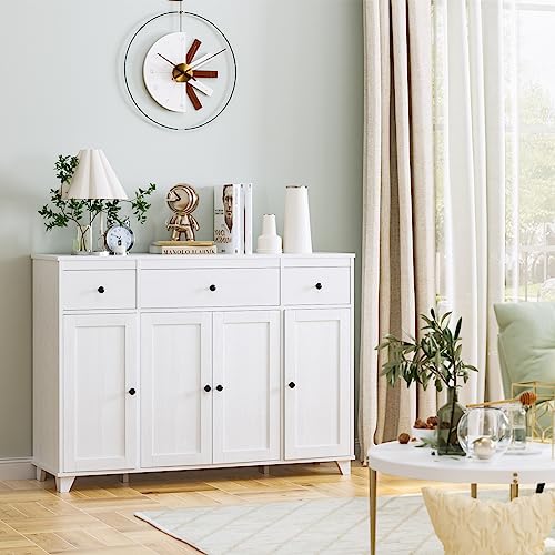 HIFIT Buffet Cabinet White Sideboard Storage Cabinet with 3 Drawers & 4 Doors Adjustable Shelves, 47” Modern Coffee Bar Cabinet, Wood Accent Cabinet HIFIT