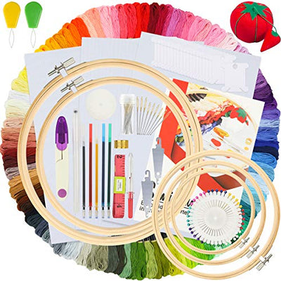Similane Embroidery Kit 215 Pcs,100 Colors Threads,5 Pcs Embroidery Hoops,3 Pcs Aida Cloth,40 Sewing Pins,Cross Stitch Tools and Embroidery Starter