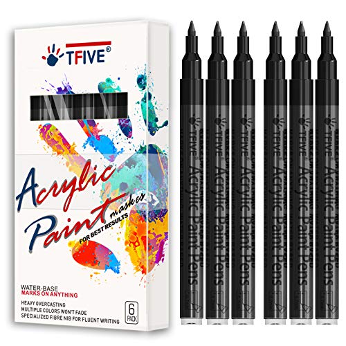 Black Marker Paint Pens - 6 Pack Acrylic Black Permanent Marker, 0.7mm Extra Fine Tip Paint Pen for Art projects, Drawing, Rock Painting, Stone, TFIVE