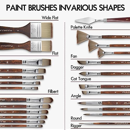 25 Pieces Paint Brush Set, Artist Professional Series, Synthetic Acrylic Paint Brushes with Flat, Filbert, Fan, Dagger, Cat Tongue, Round, Angle, Fuumuui
