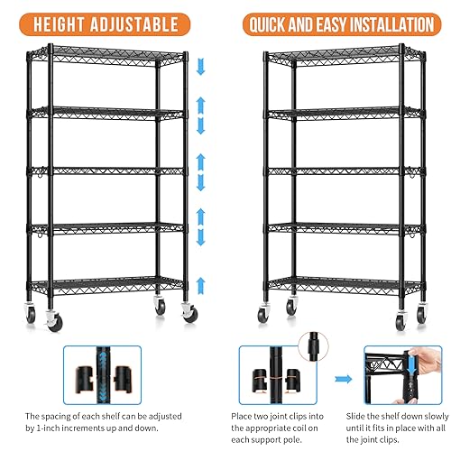 Hodonas Metal Shelving Unit with Wheels, 5-tier Wire Shelving with Adjustable Shelves for Storage, Freestanding Heavy Duty Metal Wire Storage Shelf Hodonas