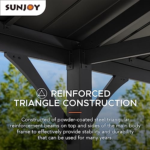 Sunjoy Carport 14 ft. x 20 ft. Outdoor Gazebo Heavy Duty Garage Car Shelter with Brown Powder-Coated Steel Roof/Black Frame and 2 Ceiling Hooks by Sunjoy