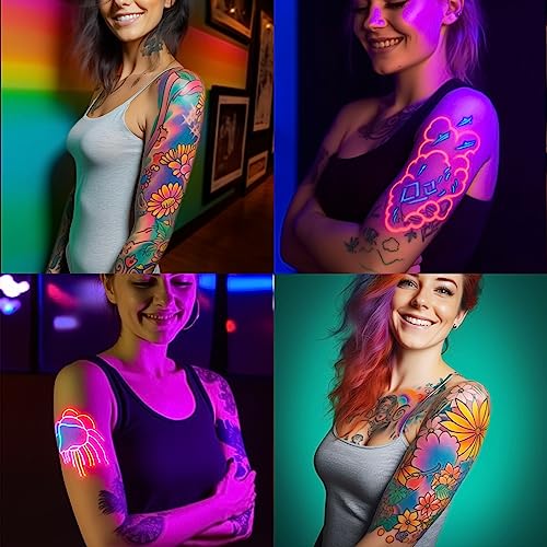 Temporary Tattoo Markers for Skin,15PCS Dual-Ended Tattoo Pen + 50 Paint Stencils + 43 Tattoos Stickers,Glitter & Matte & Neon Glow Body Marker Set, SUSIKEKI