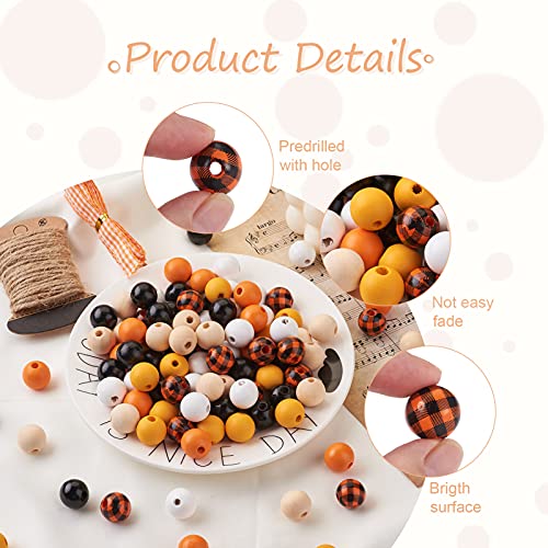 Craftdady 120pcs Natural Wood Beads 16mm Smooth Printed Wooden Loose Beads Unfinished Round Beads with Jute Twine Plaid Ribbon for DIY Jewelry Crafts Craftdady