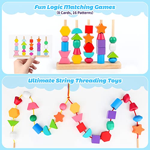 Montessori Wooden Beads Sequencing Toy Set, Stacking Blocks & Lacing Beads & Matching Shape Stacker for 2 3 4 5 Year Old STEM Preschool Learning Hieoby