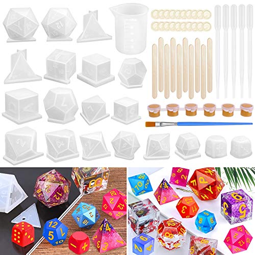 Resin Dice Molds, Shynek 19 Styles Polyhedral Game Dice Molds Set with Silicone Dice Mold, Mixing Sticks, Measuring Cup, Droppers, Acrylic Paints Set shynek