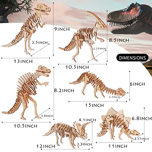 Calary 3D Wooden Dinosaur Puzzle Set – DIY Animal Assembly Model for Kids and Adults (Set of 6) calary