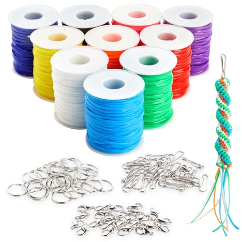Lanyard String Boondoggle Kit with 10 Rolls (40 Yards Each) for Keychains and Bracelets (100 Total Pieces) Bright Creations