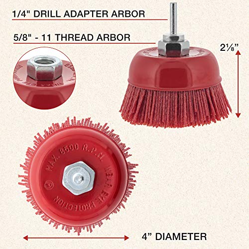 Dura-Gold 4" Abrasive Filament Nylon Bristle Cup Brush - Coarse Sanding Scuffing Brush, 5/8" 11 Thread, 1/4" Drill Arbor - Remove Rust, Corrosion, Dura-Gold