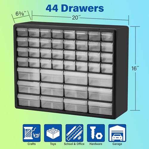 Akro-Mils 10144, 44 Drawer Plastic Parts Storage Hardware and Craft Cabinet, 20-Inch W x 6.37-Inch D x 15.81-Inch H, Black Akro-Mils