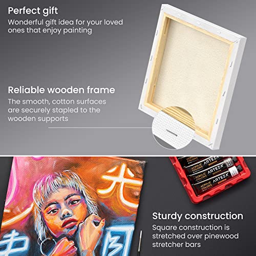 ARTEZA Canvases for Painting, 10 x 10 Inches, Pack of 8, Stretched Canvas, 100% Cotton Primed Blank Paint Canvas, Square Canvas Boards for Acrylic, ARTEZA