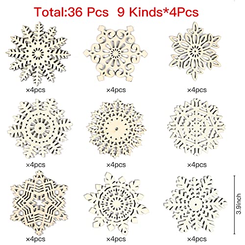 Sggvecsy Unfinished Wooden Snowflakes Ornaments, 36Pcs Christmas Tree Hanging Decoration Wood Cutouts DIY Craft Snowflake Shaped Embellishments Xmas Sggvecsy