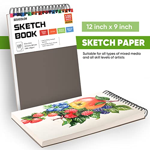 Soucolor 9" x 12" Sketch Book, 1-Pack 100 Sheets Spiral Bound Art Sketchbook, Acid Free (68lb/100gsm) Artist Drawing Book Paper Painting Sketching Soucolor