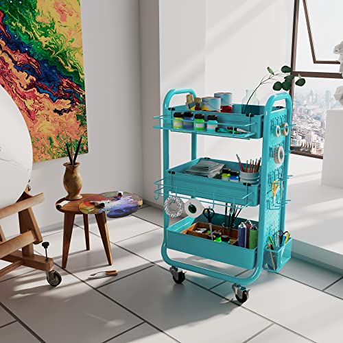 DESIGNA 3-Tier Utility Storage Rolling Cart with Removable Pegboard & Extra Storage Baskets Hooks, Metal Craft Art Carts for Gift Home Office, Teal DESIGNA