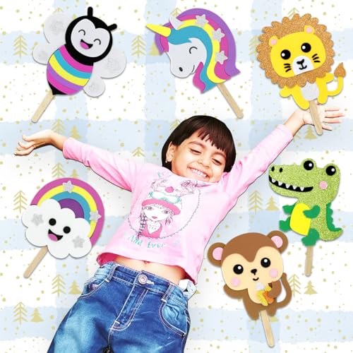 VKPI Make 6 Popstick Puppets Craft Kits for Kids, Foam Art Crafts Gift, Story Time Toys for Ages 4+ Toddler, Unicorn, Cloud, Animals, Preschool VKPI
