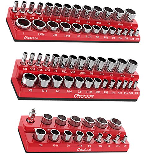 Olsa Tools Magnetic Socket Organizers | 3 Piece Set Socket Holder Kit | 1/2-inch, 3/8-inch, & 1/4-inch Drive | SAE Red | Holds 68 Sockets | Olsa Tools