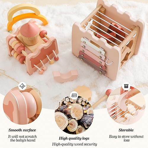 Wooden Baby Activity Cube for Toddlers 1-3,5 in 1 Castle Shape Sorter Bead Maze Montessori Toys for Baby 6 Months+, Educational Learning Toy for Kids Wooden Teether