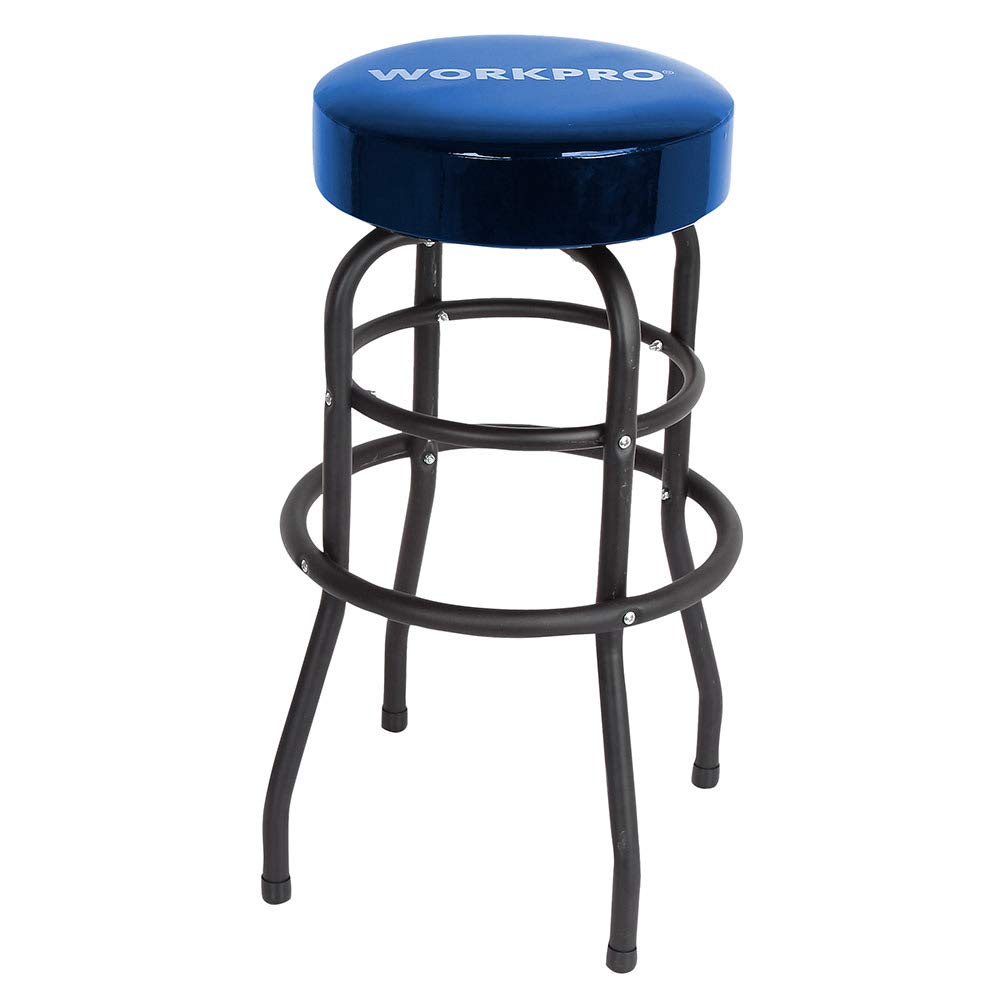 WORKPRO W112003 Garage Shop Stool, Heavy-Duty Steel Construction Garage Stool, Swivel Cushion Seat, Black Powder Coated Legs & Footrest (Single Pack) WORKPRO