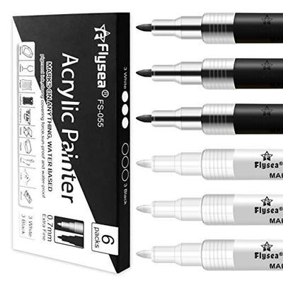 EBOT Acrylic Paint Pen White Black, 6 Pack Black Paint Markers for Rock Wood Fabric Plastic Leather Glass Stone Metal Canvas,Water-Based Acrylic