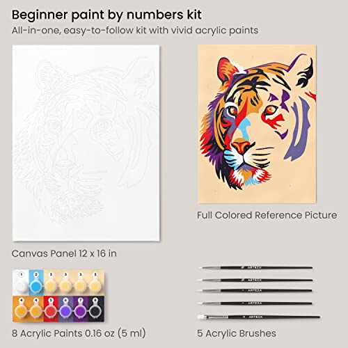 ARTEZA Paint by Numbers Kit, 12x16 Inches, 21 Pieces, Tiger Canvas Painting Kit, Canvas Panel, 12 Acrylic Paint Pots, 5 Paintbrushes, Art Supplies ARTEZA
