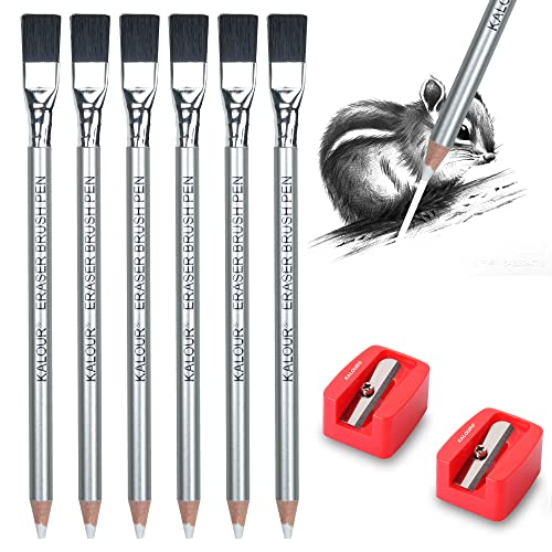 KALOUR Detail Eraser Pencil - 6pc Eraser Pencils with Brush and 2pc Sharpener,Erasing Small Details or add Highlights for Sketching, Charcoal KALOUR