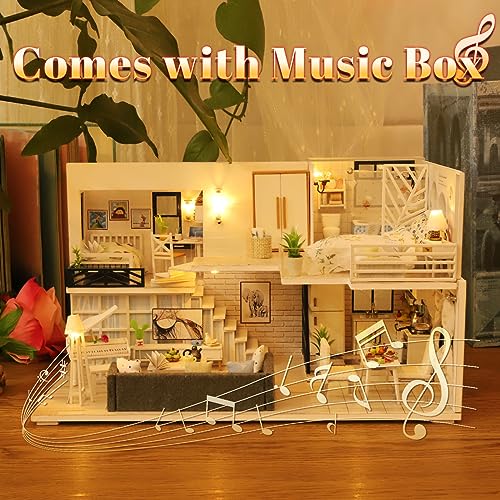 DIY Miniature Dollhouse Kit, Tiny House Model Kit with Music Box & LED Light & Dust Proof Cover, 1:24 Scale, 3D Wooden Puzzle for Adults, Handmade Hallisun
