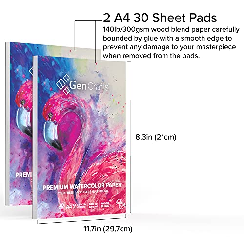 GenCrafts Watercolor Paper Pad 2 Pack - A4 8.3x11.7" - 60 Sheets Total (140lb/ 300gsm) - Cold Press Acid Free Art Sketchbook Pad for Painting & GenCrafts