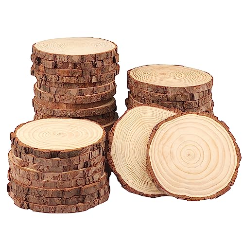 40 PCS 4.7-5.5 Inch Natural Wood Slices, Unfinished Pine Wood Circles with Barks for Coasters, DIY Crafts, Christmas Rustic Wedding Ornaments and GNIEMCKIN
