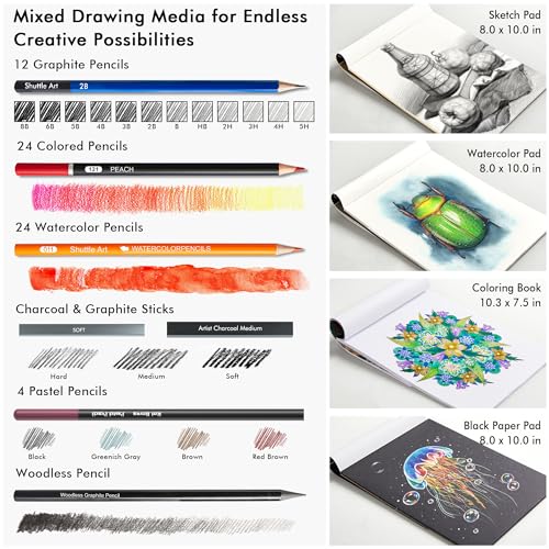 Shuttle Art 116 PCS Drawing Kit, Complete Drawing Supplies with Sketch Pencils, Colored Pencils, Graphite, Charcoal Sticks, Professional Drawing Shuttle Art