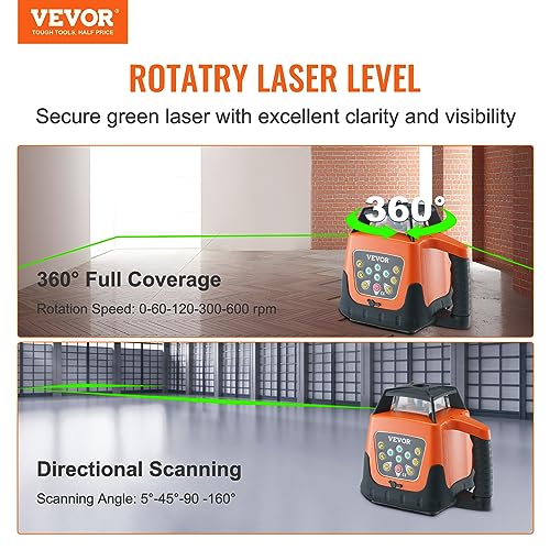 VEVOR Rotary Laser Level 2000ft,360 Degree Self Leveling Green Cross Line Laser,5 Rotation Speeds&4 Scanning Angles Adjustment,IP66 Waterproof Remote VEVOR