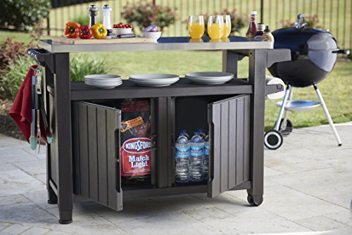 Keter Unity XL Outdoor Kitchen Island Rolling Cart Bar Table & Storage Cabinet, Grill Station with Utensil Hooks for Grilling Accessories, Brown Keter