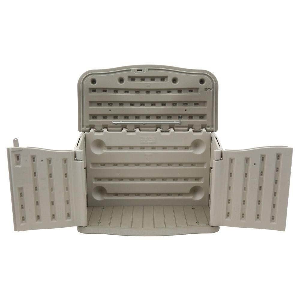 Rubbermaid Small Horizontal Resin Weather Resistant Outdoor Storage Shed, Olive and Sandstone, for Garden/Backyard/Home/Pool, 18 Ft³ Horizontal Shed Rubbermaid