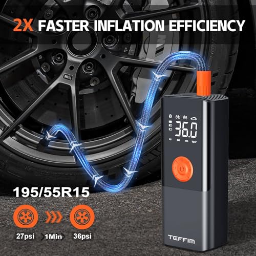 Teffim Portable Tire Inflator - Car Air Compressor with Digital Pressure Gauge - 150 PSI - Motorcycle, Electric Bike, and Bicycle Pump with LED Light Teffim