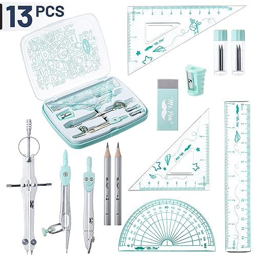 Mr. Pen- Geometry Set, 13 pcs, Compass for Geometry Compass, Geometry Kit Set with Shatterproof Storage Box, Math Compass, Geometry Set for School, Mr. Pen