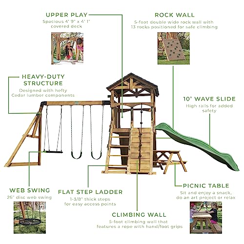 Backyard Discovery Endeavor II All Cedar Wood Swing Set Playset for Backyard with Wave Slide Climbing Wall with Rope Picnic Table Double Wide Rock Backyard Discovery