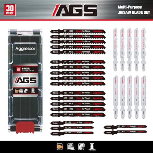 AGGRESSOR Jigsaw Blades Set 30 Piece,Assorted T-Shank Jig Saw Blades for Wood, Plastic and Metal Cutting,Multi-Purpose HCS/HSS Saw Blades AGGRESSOR
