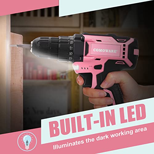 COMOWARE Cordless Drill Set, 20V Power Drill, Pink Drill Set for Women, 1 Battery & Charger, 3/8" Keyless Chuck, 2 Variable Speed, 266 In-lb Torque, COMOWARE
