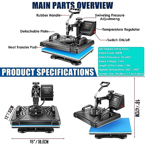 AKEYDIY 5 in 1 Heat Press Machine for t Shirts Professional Swing Away Heat Press Digital Combo 12" x 15" 360-degree Rotation Heat Press Machines AKEYDIY