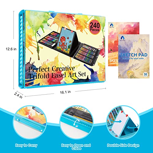 VigorFun Art Supplies, 240-Piece Drawing Art Kit, Gifts Art Set Case with Double Sided Trifold Easel, Includes Oil Pastels, Crayons, Colored Pencils, VigorFun