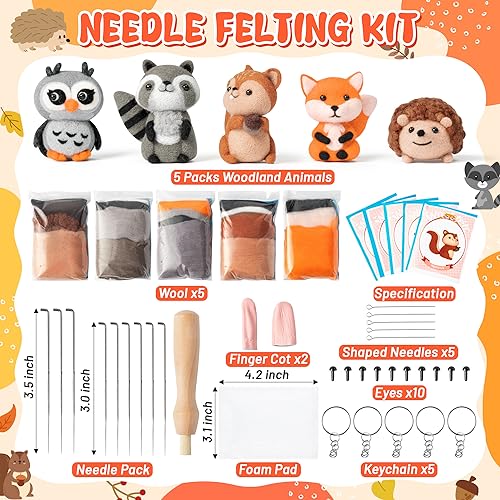 WATINC Set of 5 Woodland Wool Needle Felting Kit, Fox Owl Hedgehog Squirrel Raccoon Animal Doll Wool Felt Needle Felting Tools Foam Pad, DIY Needle WATINC