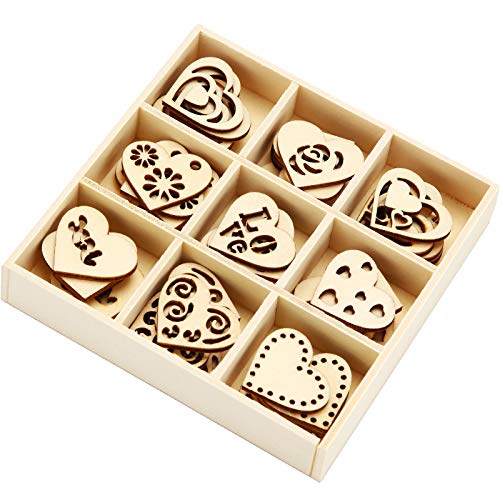 45 Pieces Wooden Ornaments Heart Wood Embellishments Crafts Set Hollow Design with Storage Tray, Mini Laser Cut Heart Shape for Valentine's Day and WILLBOND