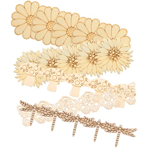 EXCEART 50 Pieces Unfinished Dragonfly Cutouts Blank, Painting Blank Wood Butterfly, Sunflower, Flower, Dragonfly, Mushroom Shaped Slices Cutouts EXCEART