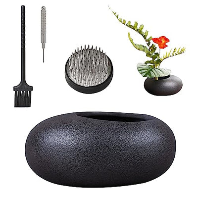 WANDIC Flower Arrangement Vase Kit, Black Pebble Ceramic Planter Pot with 4cm Kenzan Flower Frog Pottery Floral Arranging Pin Needle Holder for Desk