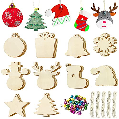 50 PCS Unfinished Wooden Christmas Ornaments DIY Christmas Wooden Slices with 50 Jingle Bells for Crafts Christmas Hanging Decorations?10 Shapes? Pseutio