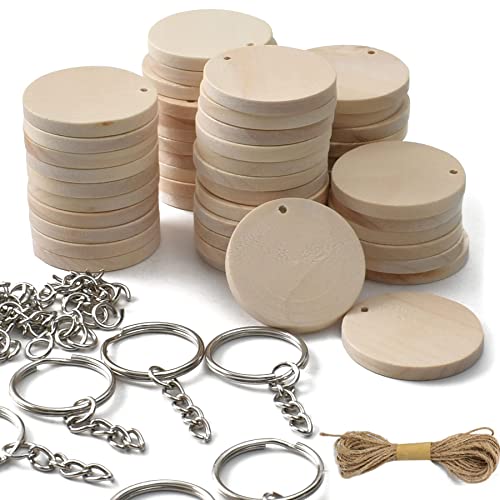 VIOCIWUO 50Pcs Natural Wood Slices Keychain, 1.38 inch Unfinished Wood Sign, Unfinished Log Discs Wooden Circles with 50Pcs Key Rings for DIY Crafts VIOCIWUO