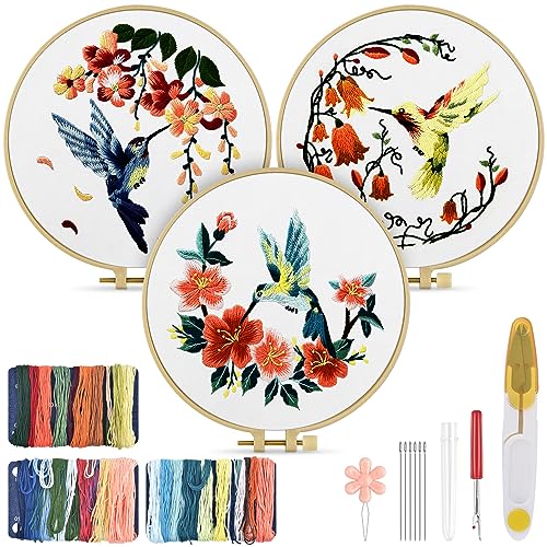 TINDTOP 3 Sets Embroidery Kit for Adult for Beginners, Hummingbird and Flower Embroidery Kit for Beginners Include Embroidery Cloth Hoops Threads for TINDTOP